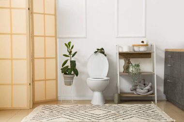 İçinde seramik klozet, raf ünitesi ve ev bitkileri olan ışık tuvaleti.