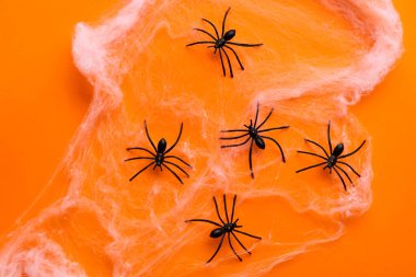 Turuncu arka planda Cadılar Bayramı partisi için örümceklerle örümcek ağı