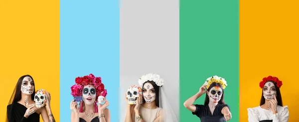 Zestaw Kobiet Malowanymi Czaszkami Twarzach Tle Koloru Meksykański Dzień Zmarłych — Zdjęcie stockowe