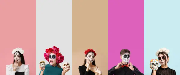 Set People Painted Skulls Faces Color Background Mexico Day Dead — Stock Photo, Image