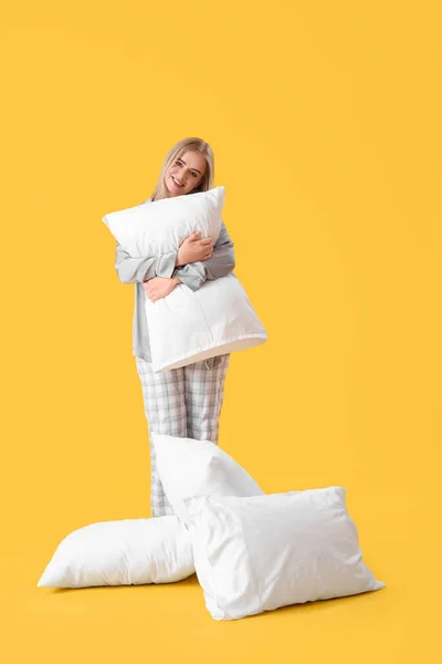 Pretty Young Woman Pajamas Pillows Yellow Background — Stock Photo, Image
