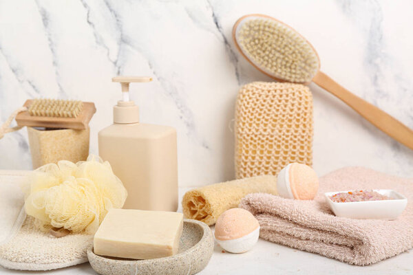 Set of different bath supplies on light table