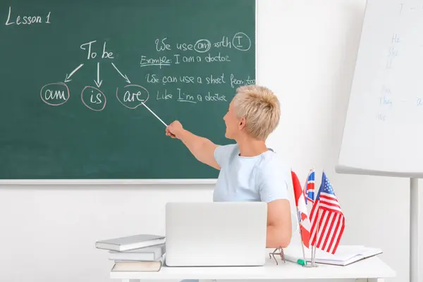 教室でオンライン文法レッスンを与える女性英語教師 — ストック写真