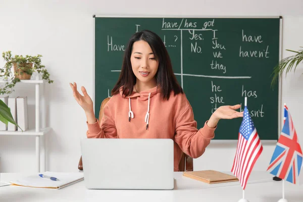 Female English teacher giving online grammar lesson in classroom