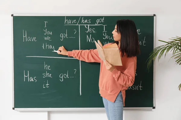 Учительница Английского Языка Книгой Проводящей Урок Грамматики Классе — стоковое фото