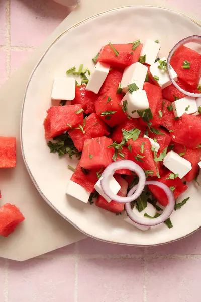 Plate Tasty Watermelon Salad Pink Tile Background — Stock Photo, Image