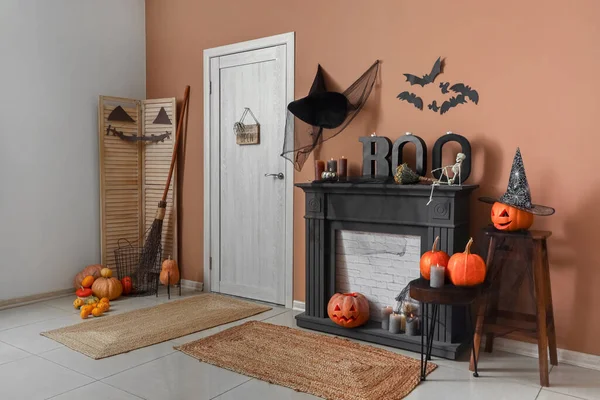 Interior Festive Hallway Fireplace Door Halloween Decorations — Stock Photo, Image