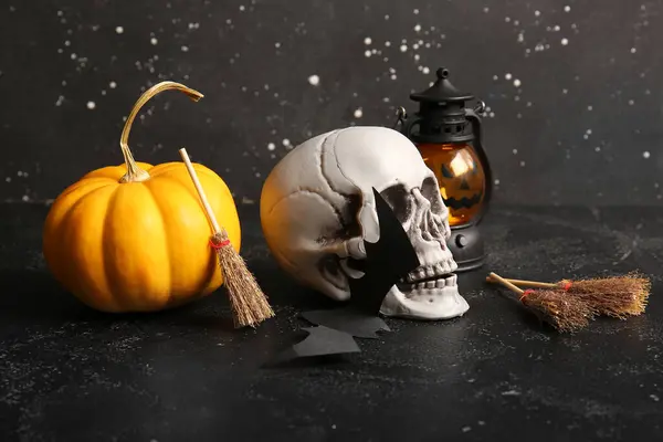 Halloween Composition Brooms Pumpkin Skull Bat Black Grunge Background — Stock Photo, Image