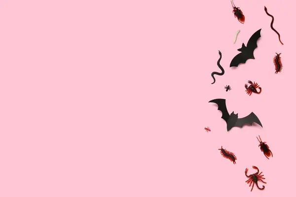 Composição Halloween Com Morcegos Insetos Doces Fundo Rosa — Fotografia de Stock
