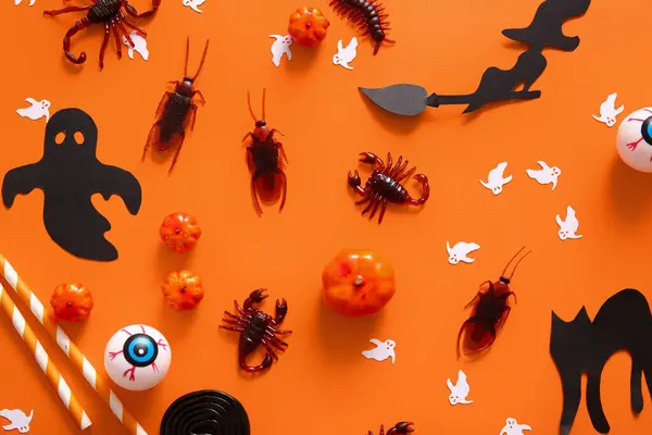 Halloween Composition Candy Bugs Pumpkins Ghosts Orange Background — Stock Photo, Image