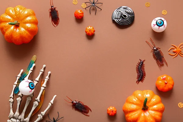 Frame Made Halloween Candy Bugs Pumpkins Skeleton Hand Brown Background — Stock Photo, Image