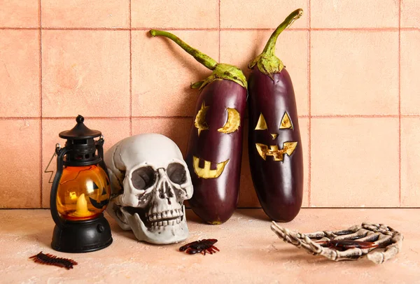Carved Eggplants Halloween Candies Skull Skeleton Hand Lantern Table Beige — Stock Photo, Image