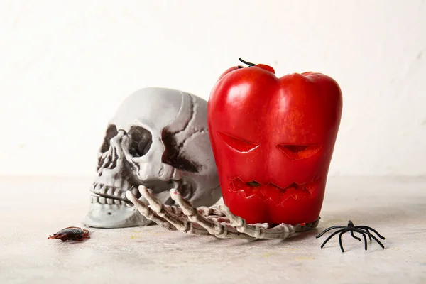 Carved Bell Pepper Halloween Skeleton Hand Skull Spiders White Background — Stock Photo, Image