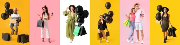 Set of people with purchases on color background. Black Friday