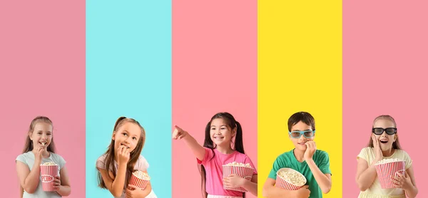 Kolaż Małych Dzieci Wiadrami Popcornu Tle Koloru — Zdjęcie stockowe