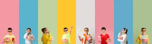 Collage Bambini Piccoli Con Secchi Popcorn Sfondo Colori — Foto Stock