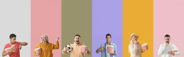 Kolaż Emocjonalnych Ludzi Wiadrami Popcornu Tle Koloru — Zdjęcie stockowe