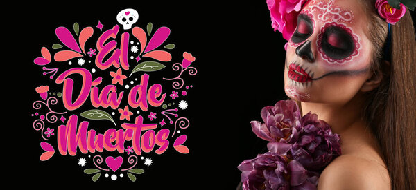 Young woman with painted skull on her face for Mexico's Day of the Dead (El Dia de Muertos) against black background