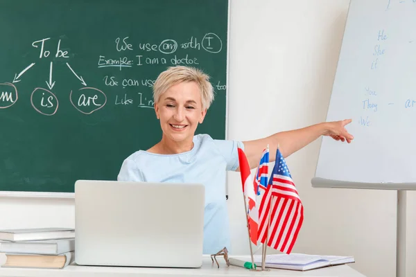Female English teacher giving online grammar lesson in classroom