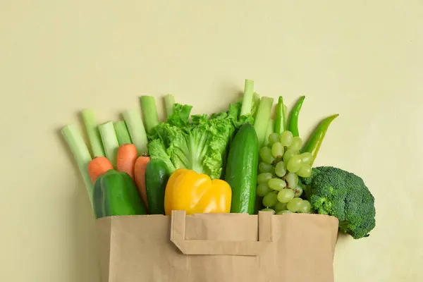 Paper Bag Fresh Vegetables Fruits Beige Background — Stock Photo, Image