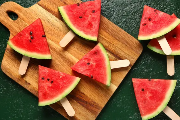 Wooden Board Sweet Watermelon Sticks Green Background — Stock Photo, Image