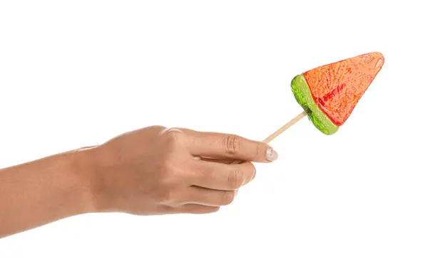 Vrouw Met Lolly Vorm Van Watermeloen Slice Witte Achtergrond — Stockfoto