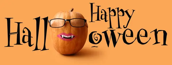 Happy Halloween Κείμενο Και Κολοκύθα Πορτοκαλί Φόντο — Φωτογραφία Αρχείου