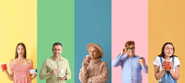 Set Diferentes Personas Tomando Café Sobre Fondo Color — Foto de Stock