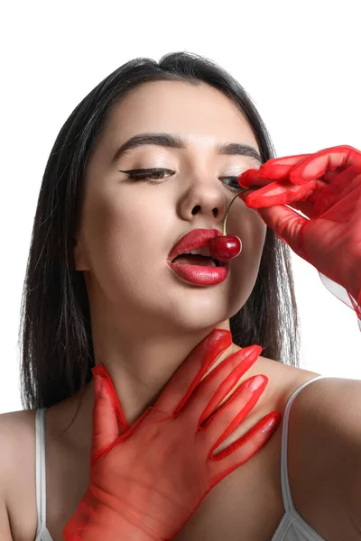 Beautiful Woman Red Lips Cherry White Background Closeup — Stock Photo, Image