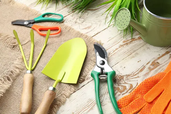 Gardening Tools White Wooden Background Closeup — Fotografia de Stock