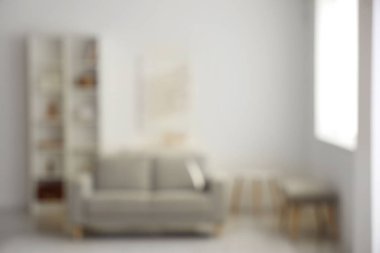 Kanepesi ve raf ünitesi olan bulanık oturma odası manzarası