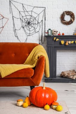 Cadılar Bayramı için kanepe ve balkabaklarıyla dekore edilmiş aydınlık oturma odasının içi.