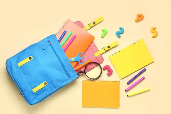 School Backpack Different Stationery Pale Yellow Background — Stock Photo, Image