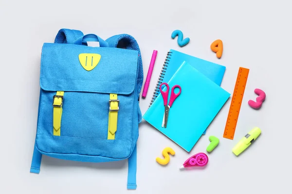 Stylish School Backpack Different Stationery Grey Background — Stock Photo, Image