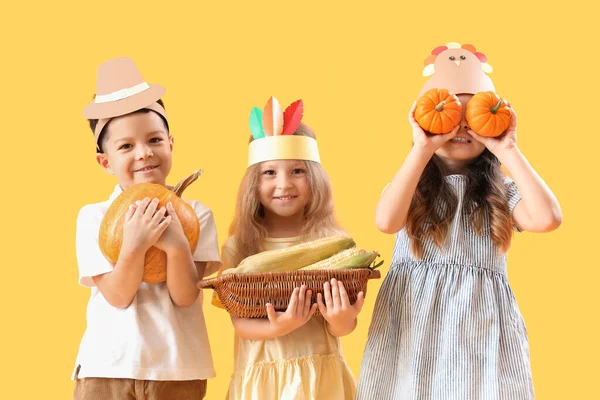 Cute Little Children Pumpkins Corns Yellow Background Thanksgiving Day Celebration — Stock Photo, Image