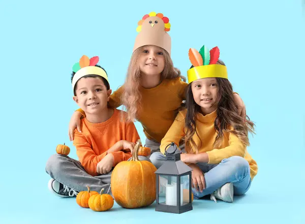 Cute Little Children Pumpkins Sitting Blue Background Thanksgiving Day Celebration — Stock Photo, Image