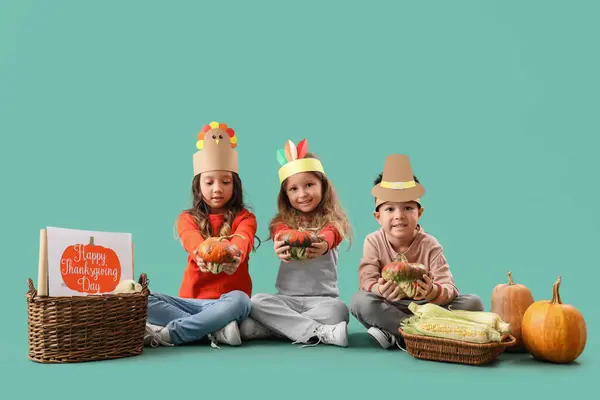 Cute Little Children Pumpkins Green Background Thanksgiving Day Celebration — Stock Photo, Image