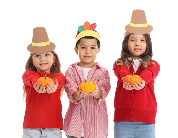 Cute Little Children Pumpkins White Background Thanksgiving Day Celebration — Stock Photo, Image