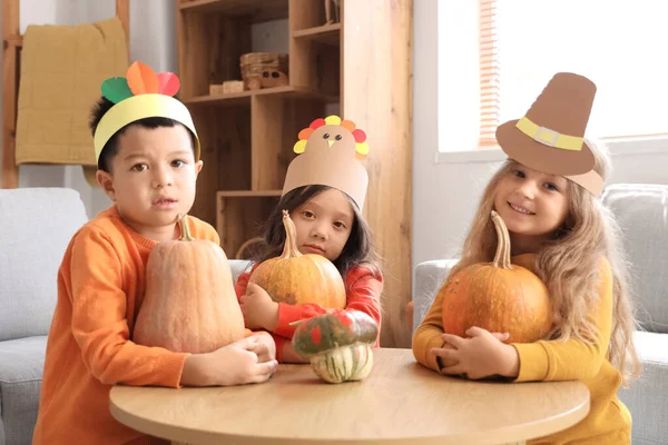 Cute Little Children Pumpkins Home Thanksgiving Day Celebration — Stock Photo, Image