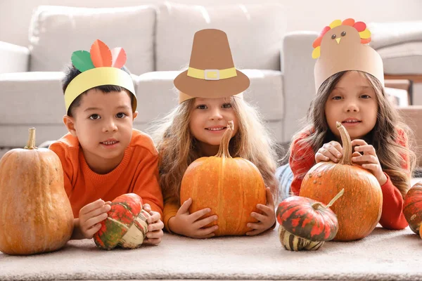 Cute Little Children Pumpkins Home Thanksgiving Day Celebration — Stock Photo, Image