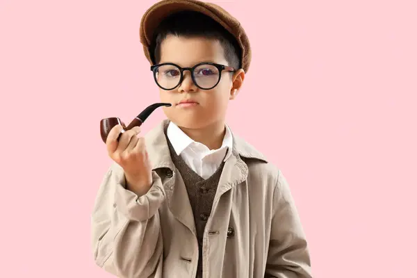 Cute Little Detective Smoking Pipe Pink Background — Stock Photo, Image