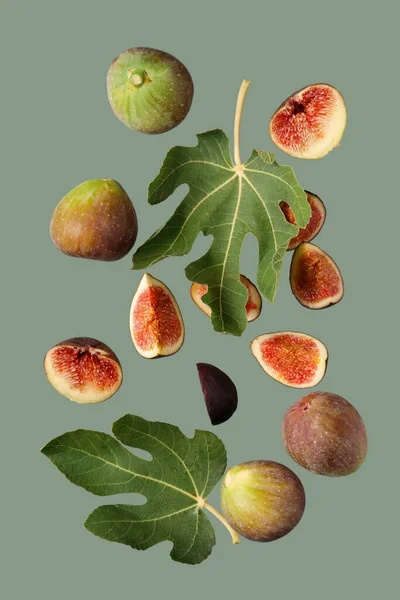 Fresh Ripe Figs Leaves Green Background — Stock Photo, Image