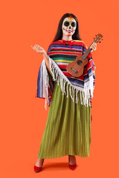 Beautiful Woman Dressed Halloween Guitar Orange Background — Stock Photo, Image