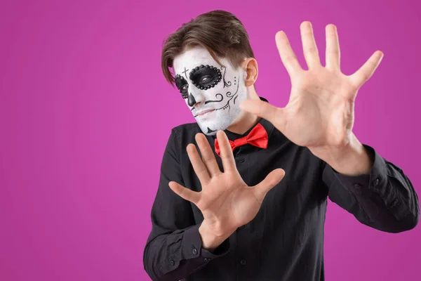 Young Man Dressed Halloween Color Background — Stock Photo, Image
