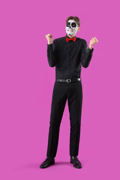 Happy Young Man Dressed Halloween Color Background — Stock Photo, Image