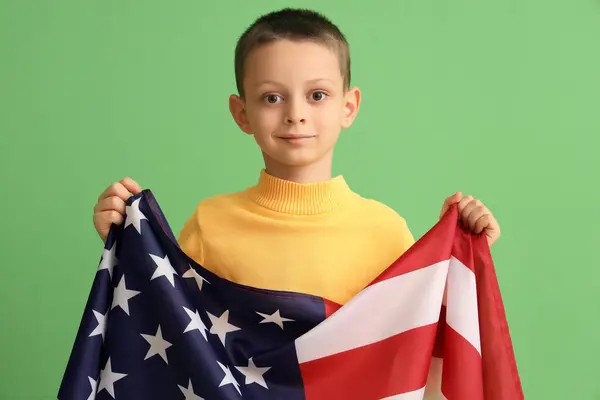 Little Boy Usa Flag Green Background Veterans Day Celebration — Stock Photo, Image