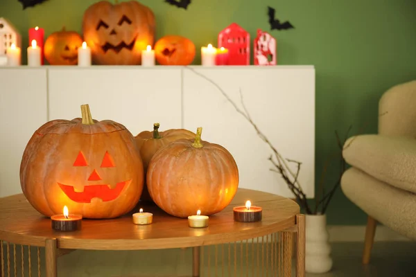 Halloween Pumpkins Burning Candles Table Living Room — Stock Photo, Image