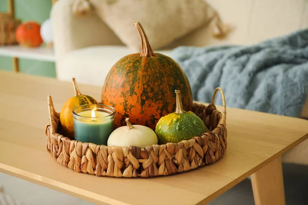 Tray Halloween Pumpkins Burning Candle Table Living Room — Stock Photo, Image