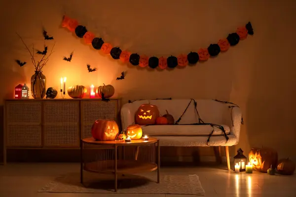 Interior Dark Living Room Halloween Pumpkins Burning Candles — Stock Photo, Image