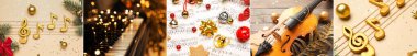 Müzik kağıtları, notalar, kuyruklu piyano, keman ve dekorla Noel kolajı